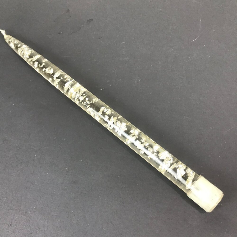 One vintage MCM Clear Lucite taper Candle with silver specs, 11.5"